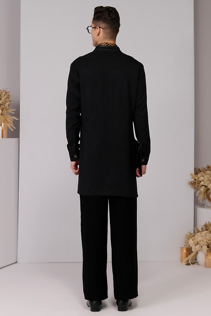 Black Poly Blend Viscose Lycra Embroidered Kurta by S&N by Shantnu Nikhil Men at Pernia's Pop Up Shop