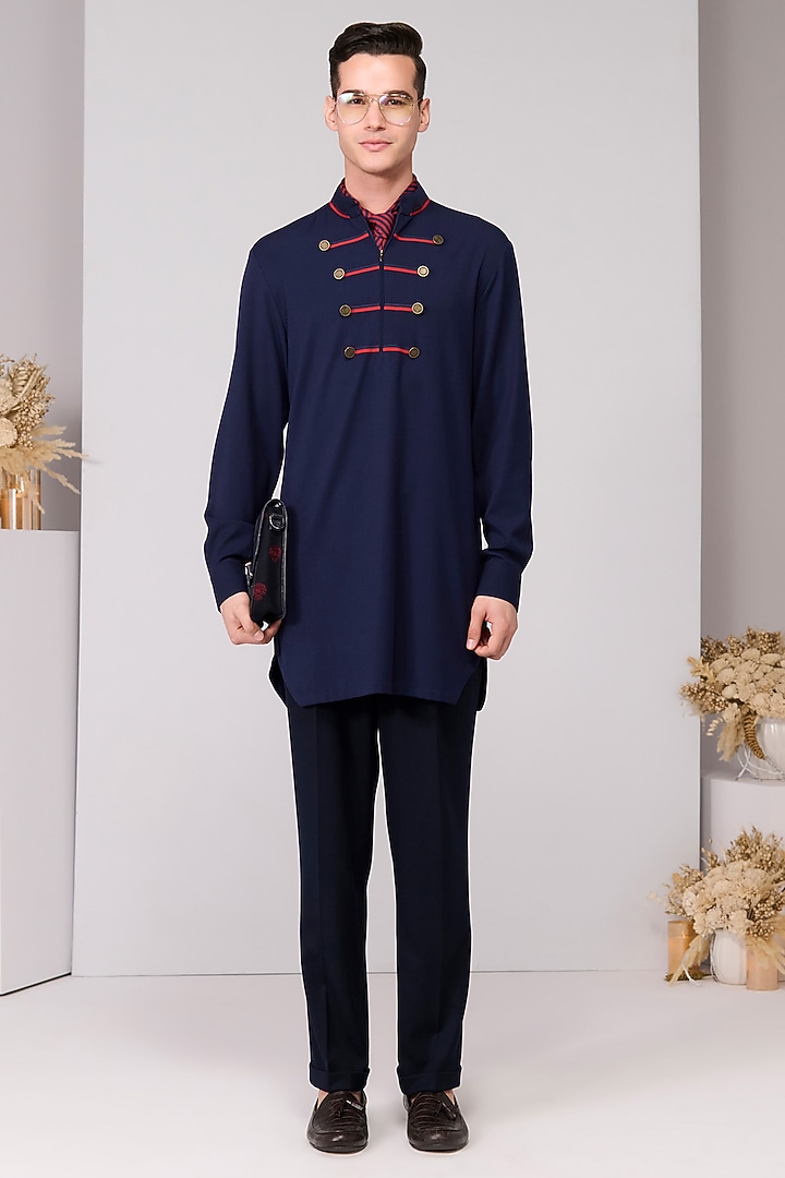 Navy Terylene Viscose Lycra Kurta by S&N by Shantnu Nikhil Men at Pernia's Pop Up Shop