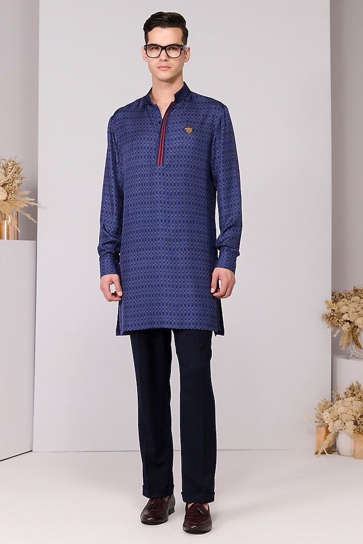 Blue Silk Twill Printed Kurta by S&N by Shantnu Nikhil Men at Pernia's Pop Up Shop