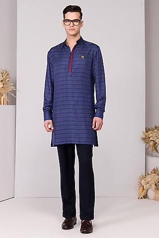 Blue Silk Twill Printed Kurta by S&N by Shantnu Nikhil Men