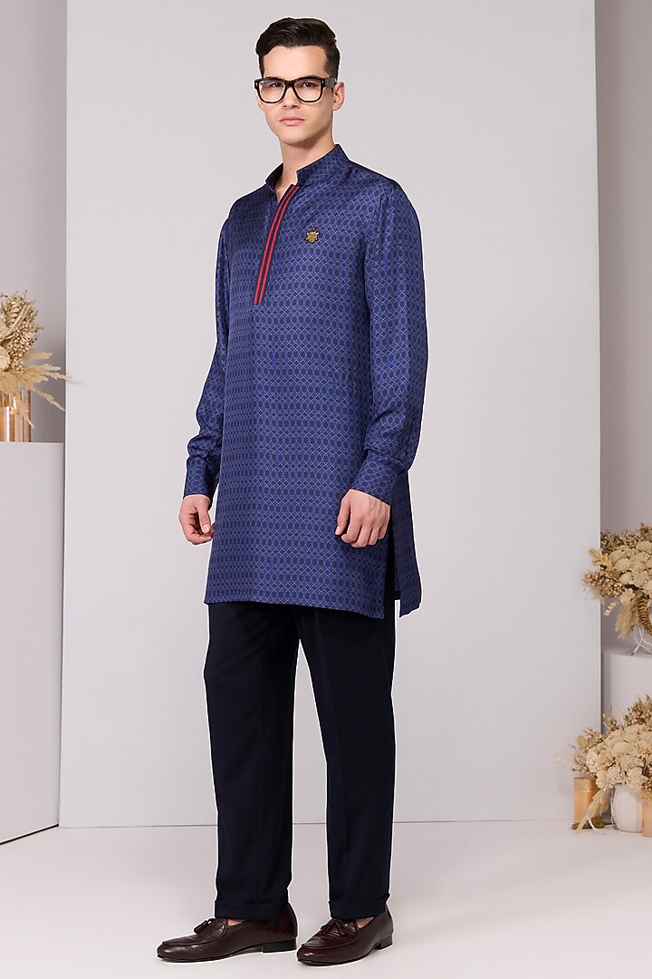 Blue Silk Twill Printed Kurta by S&N by Shantnu Nikhil Men at Pernia's Pop Up Shop