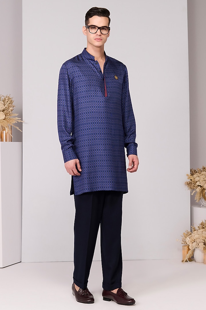 Blue Silk Twill Printed Kurta by S&N by Shantnu Nikhil Men at Pernia's Pop Up Shop