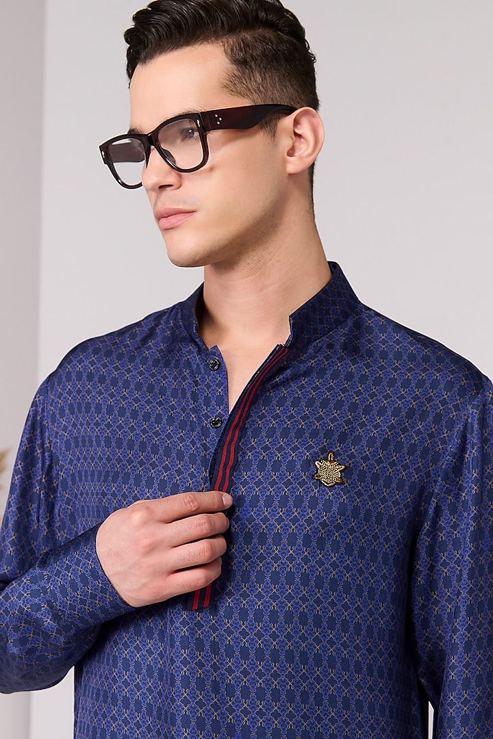 Blue Silk Twill Printed Kurta by S&N by Shantnu Nikhil Men at Pernia's Pop Up Shop