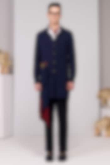 Navy Terylene Viscose Lycra Embroidered Draped Kurta by S&N by Shantnu Nikhil Men at Pernia's Pop Up Shop