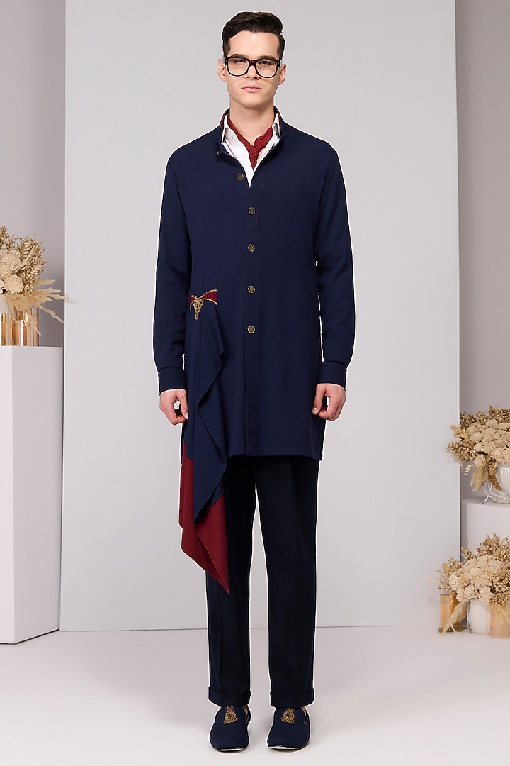 Navy Terylene Viscose Lycra Embroidered Draped Kurta by S&N by Shantnu Nikhil Men at Pernia's Pop Up Shop
