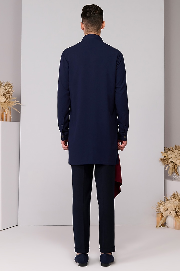 Navy Terylene Viscose Lycra Embroidered Draped Kurta by S&N by Shantnu Nikhil Men at Pernia's Pop Up Shop