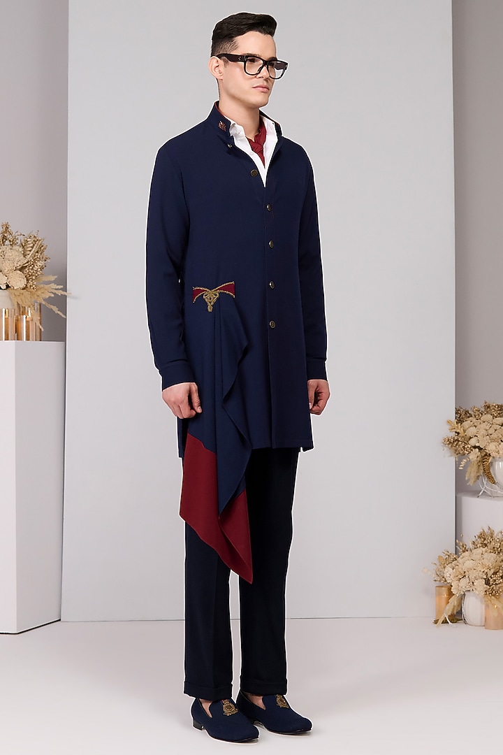 Navy Terylene Viscose Lycra Embroidered Draped Kurta by S&N by Shantnu Nikhil Men at Pernia's Pop Up Shop