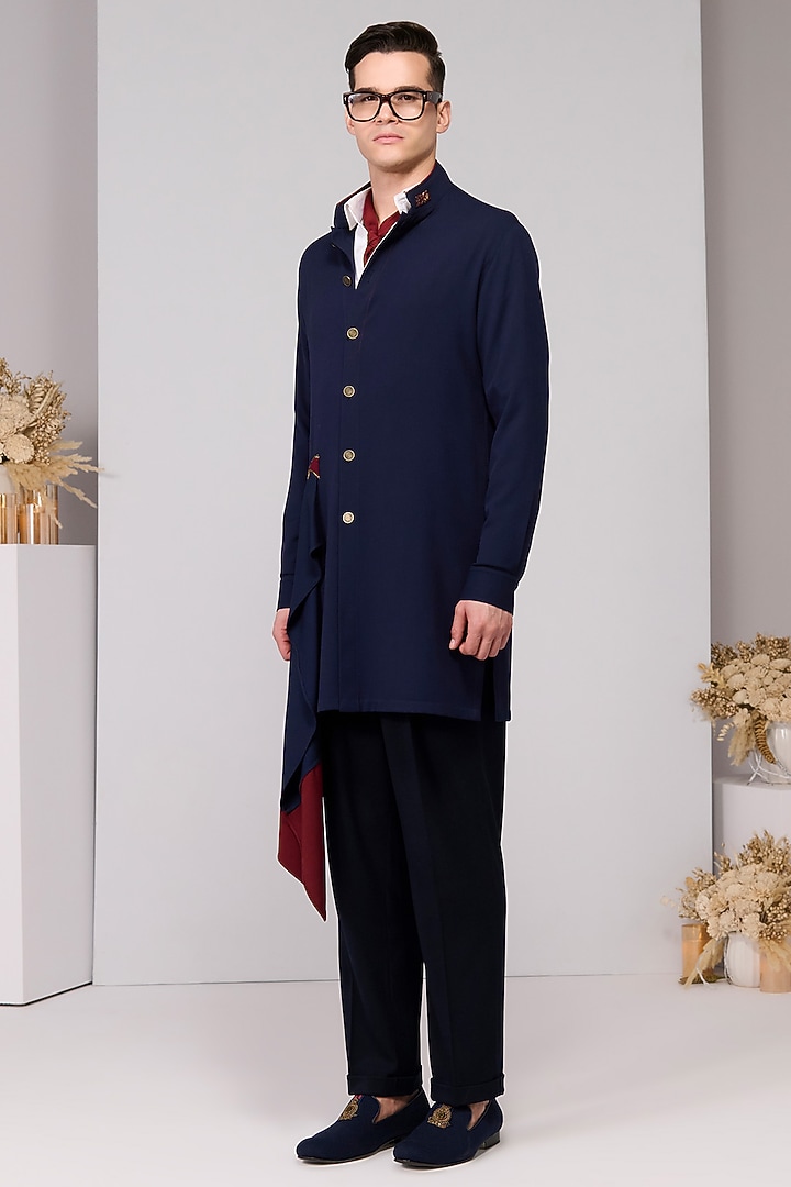 Navy Terylene Viscose Lycra Embroidered Draped Kurta by S&N by Shantnu Nikhil Men at Pernia's Pop Up Shop