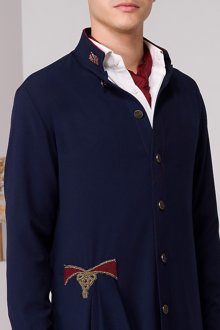 Navy Terylene Viscose Lycra Embroidered Draped Kurta by S&N by Shantnu Nikhil Men at Pernia's Pop Up Shop