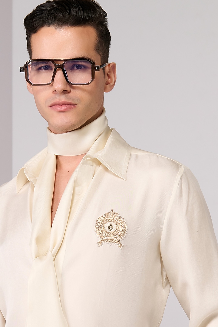 Beige Silk Twill Embroidered Wedding Shirt by S&N by Shantnu Nikhil Men at Pernia's Pop Up Shop