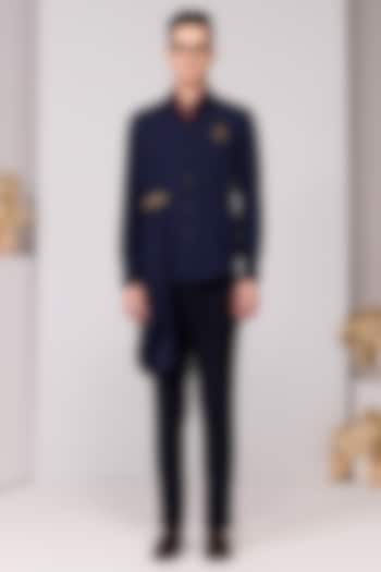 Navy Terylene Viscose Lycra Embroidered Draped Wedding Shirt by S&N by Shantnu Nikhil Men at Pernia's Pop Up Shop