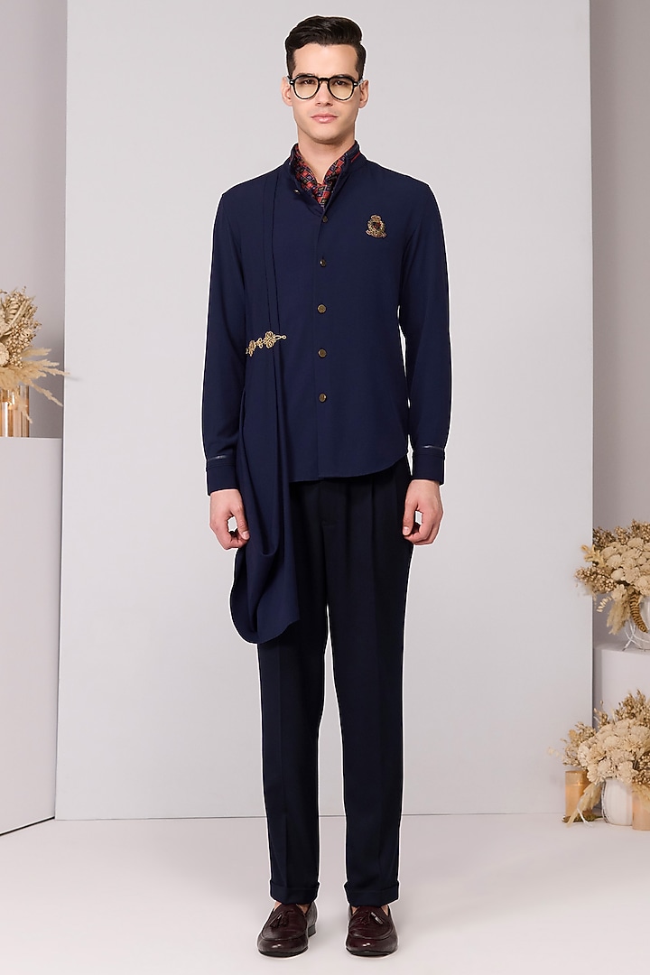 Navy Terylene Viscose Lycra Embroidered Draped Wedding Shirt by S&N by Shantnu Nikhil Men at Pernia's Pop Up Shop