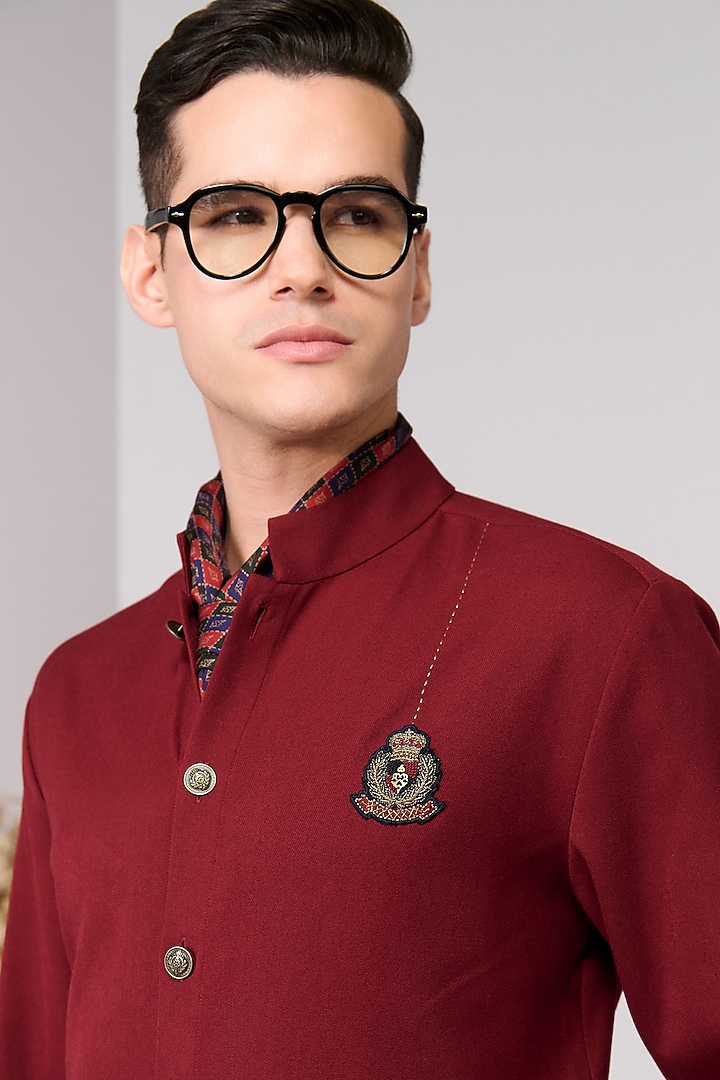 Cherry Red Brushed Suiting Blend Wedding Shirt by S&N by Shantnu Nikhil Men at Pernia's Pop Up Shop