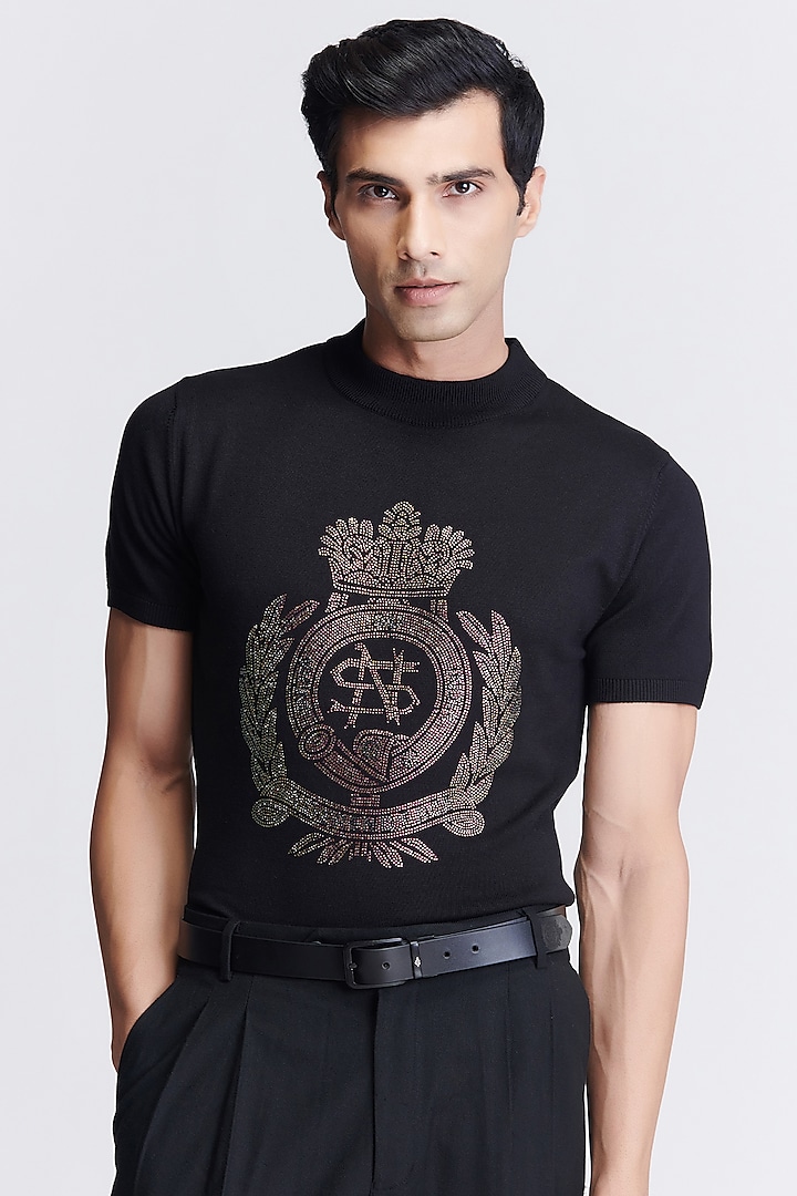 Black Viscose Nylon Knitted T-shirt by S&N by Shantnu Nikhil Men