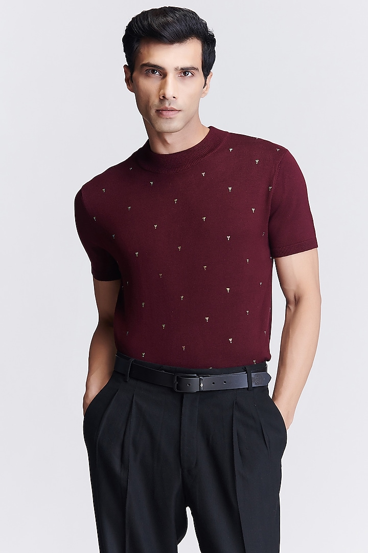 Plum Viscose Nylon Knitted T-shirt by S&N by Shantnu Nikhil Men