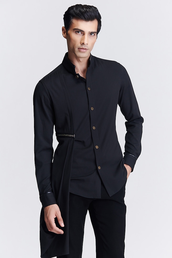 Black Suiting Draped Shirt by S&N by Shantnu Nikhil Men