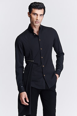 Black Suiting Draped Shirt by S&N by Shantnu Nikhil Men