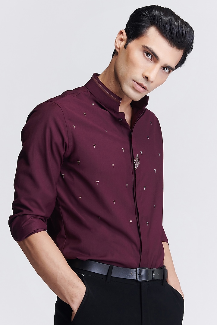 Plum Poly Viscose Suiting Crystal Embellished Shirt by S&N by Shantnu Nikhil Men