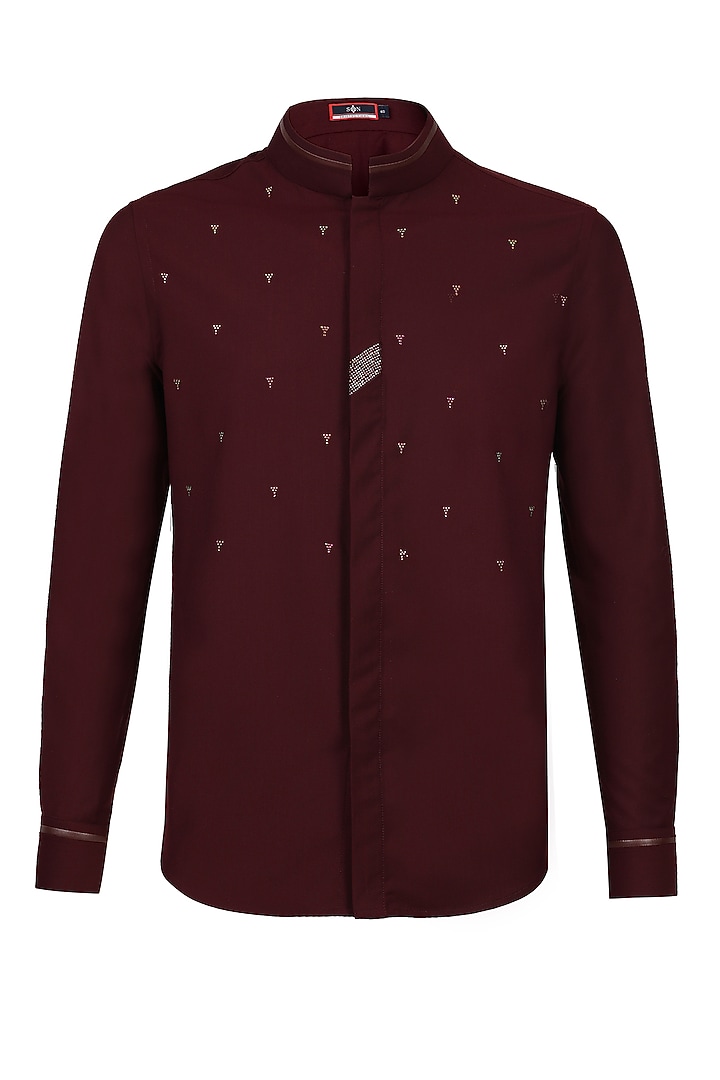 Plum Poly Viscose Suiting Crystal Embellished Wedding Shirt by S&N by Shantnu Nikhil Men at Pernia's Pop Up Shop