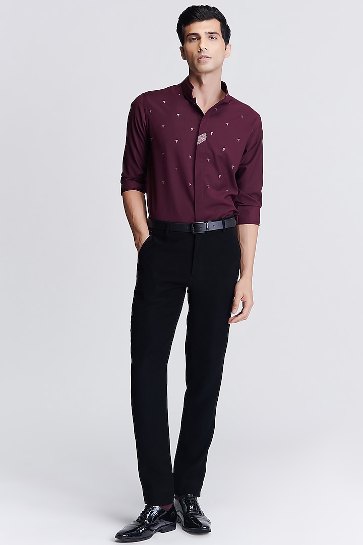 Plum Poly Viscose Suiting Crystal Embellished Wedding Shirt by S&N by Shantnu Nikhil Men at Pernia's Pop Up Shop