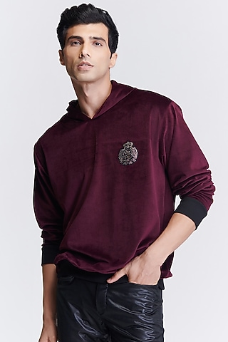 Plum Velvet Handcrafted Hooded Sweatshirt by S&N by Shantnu Nikhil Men
