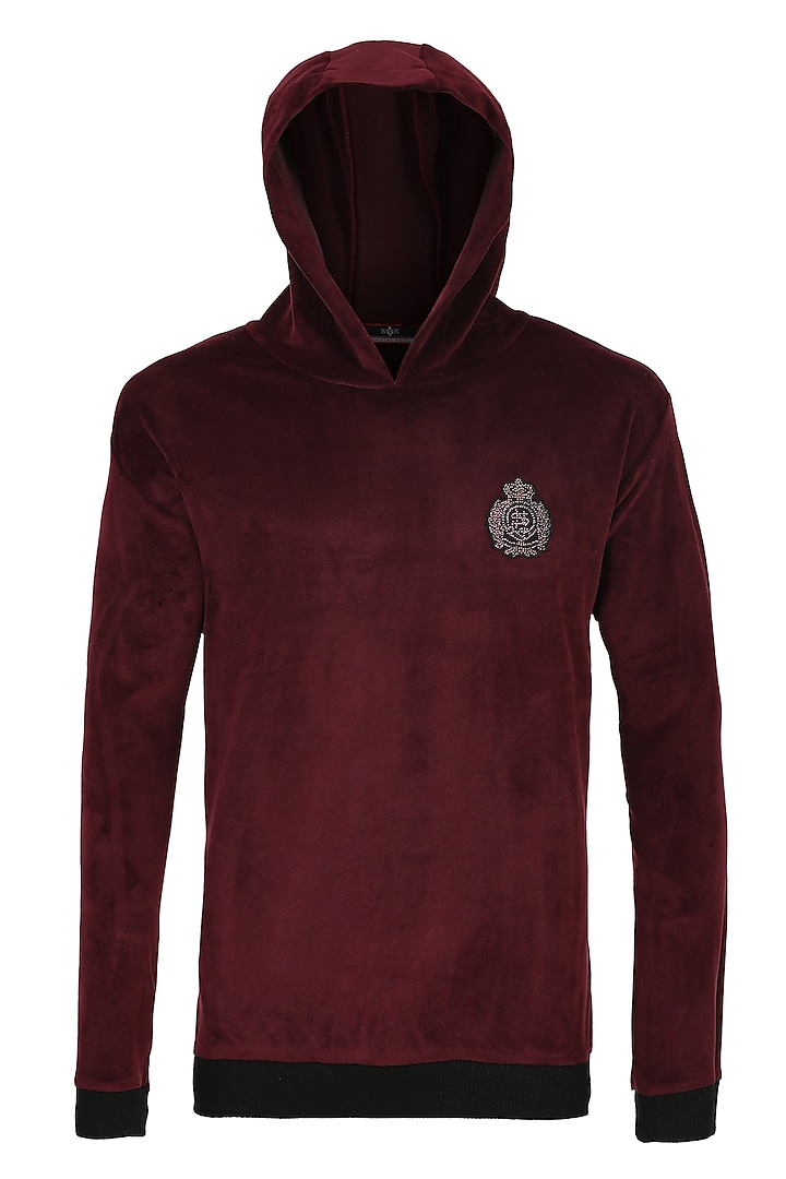 Plum Velvet Handcrafted Hooded Sweatshirt by S&N by Shantnu Nikhil Men at Pernia's Pop Up Shop