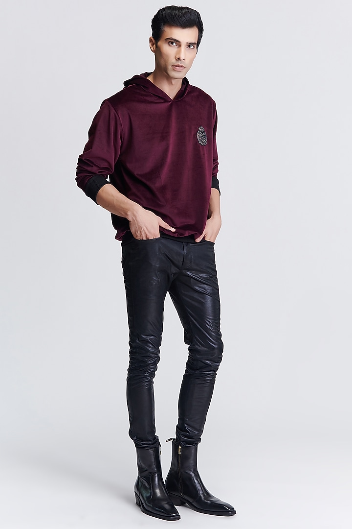 Plum Velvet Handcrafted Hooded Sweatshirt by S&N by Shantnu Nikhil Men at Pernia's Pop Up Shop