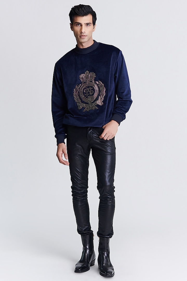 Navy Blue Velvet Sweatshirt by S&N by Shantnu Nikhil Men at Pernia's Pop Up Shop