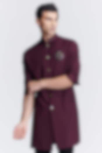 Plum Poly Viscose Suiting Crest Embroidered Sherwani by S&N by Shantnu Nikhil Men