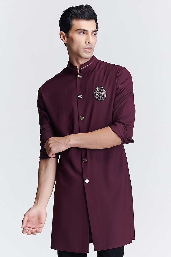Plum Poly Viscose Suiting Crest Embroidered Sherwani by S&N by Shantnu Nikhil Men