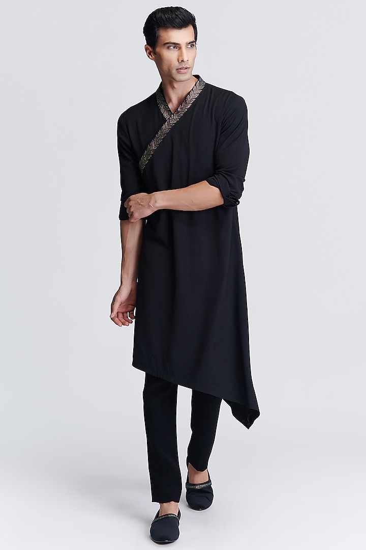 Black Suiting Asymmetrical Kurta by S&N by Shantnu Nikhil Men