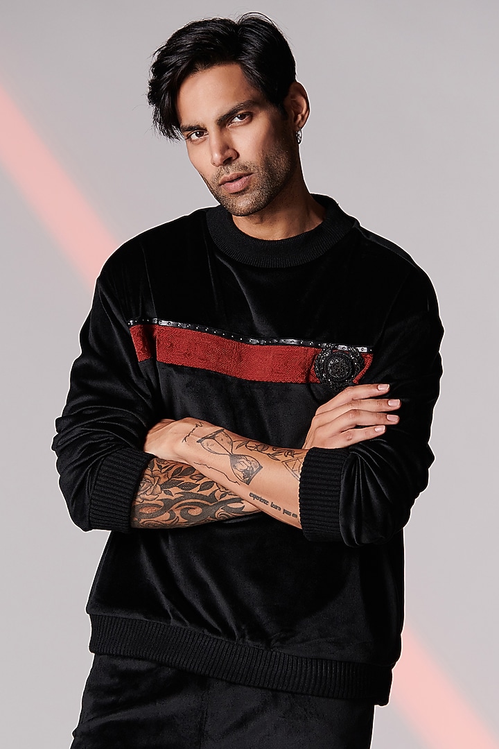 Black Poly Blend & Poly Jersey Sweatshirt by S&N by Shantnu Nikhil Men at Pernia's Pop Up Shop