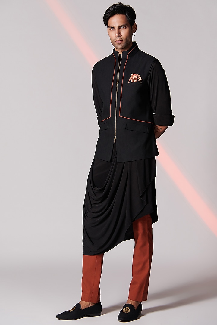 Black Poly Blend Bundi Jacket by S&N by Shantnu Nikhil Men
