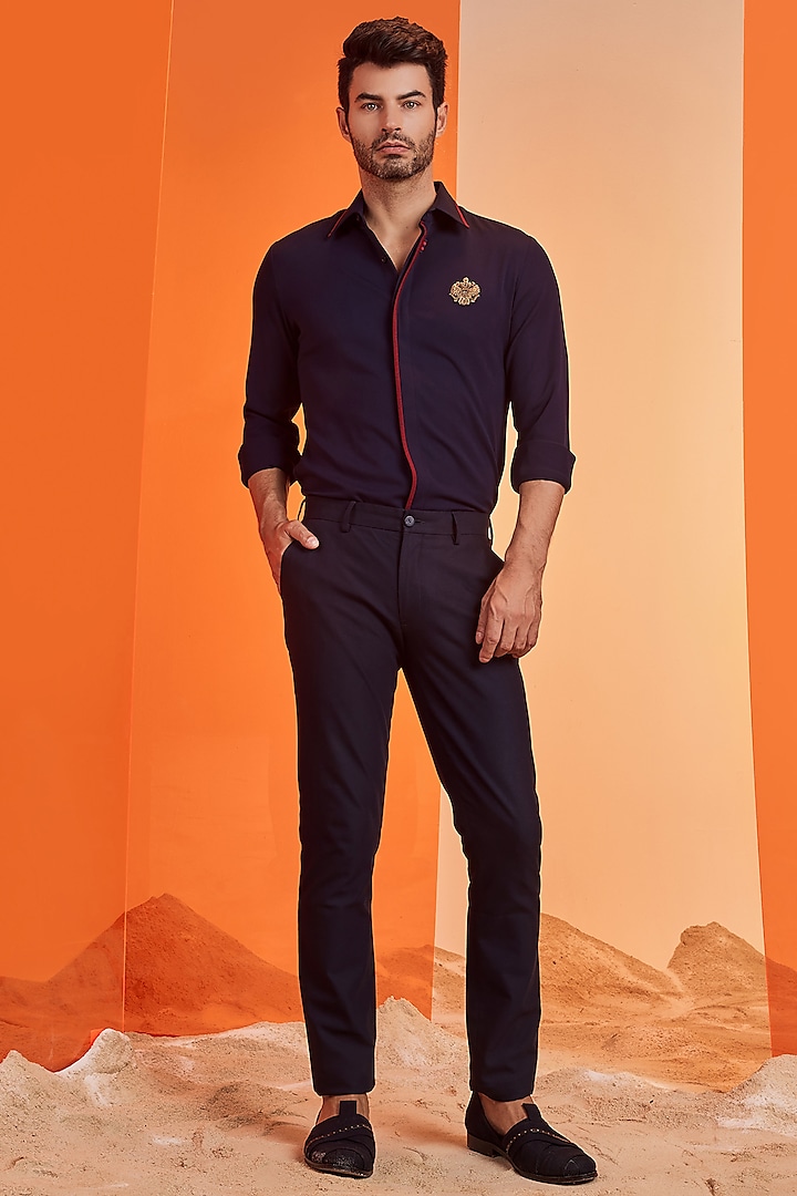 Navy Blue Embroidered Shirt by S&N by Shantnu Nikhil Men