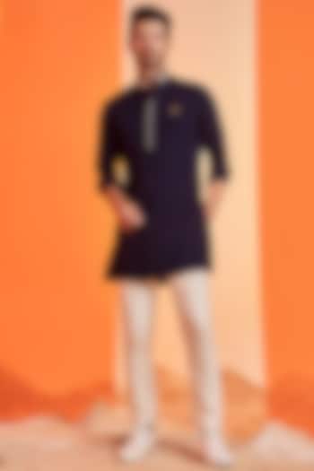 Navy Blue Terylene & Viscose Kurta by S&N by Shantnu Nikhil Men at Pernia's Pop Up Shop