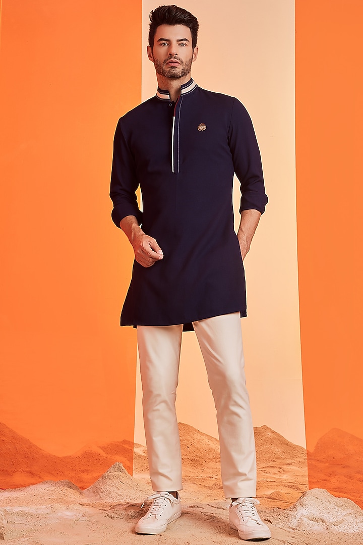 Navy Blue Terylene & Viscose Kurta by S&N by Shantnu Nikhil Men at Pernia's Pop Up Shop