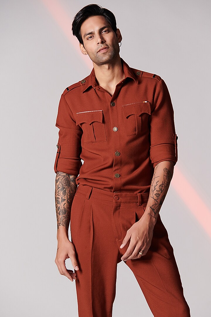 Rust Terylene Cargo Party Wear Shirt by S&N by Shantnu Nikhil Men at Pernia's Pop Up Shop
