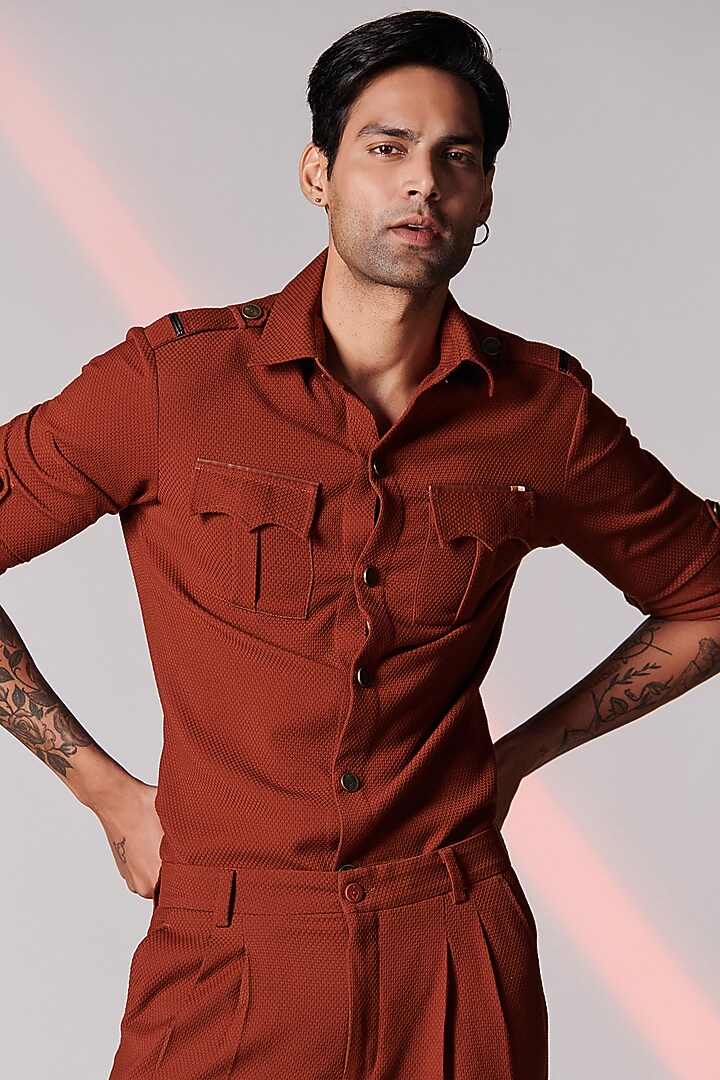 Rust Terylene Cargo Party Wear Shirt by S&N by Shantnu Nikhil Men at Pernia's Pop Up Shop