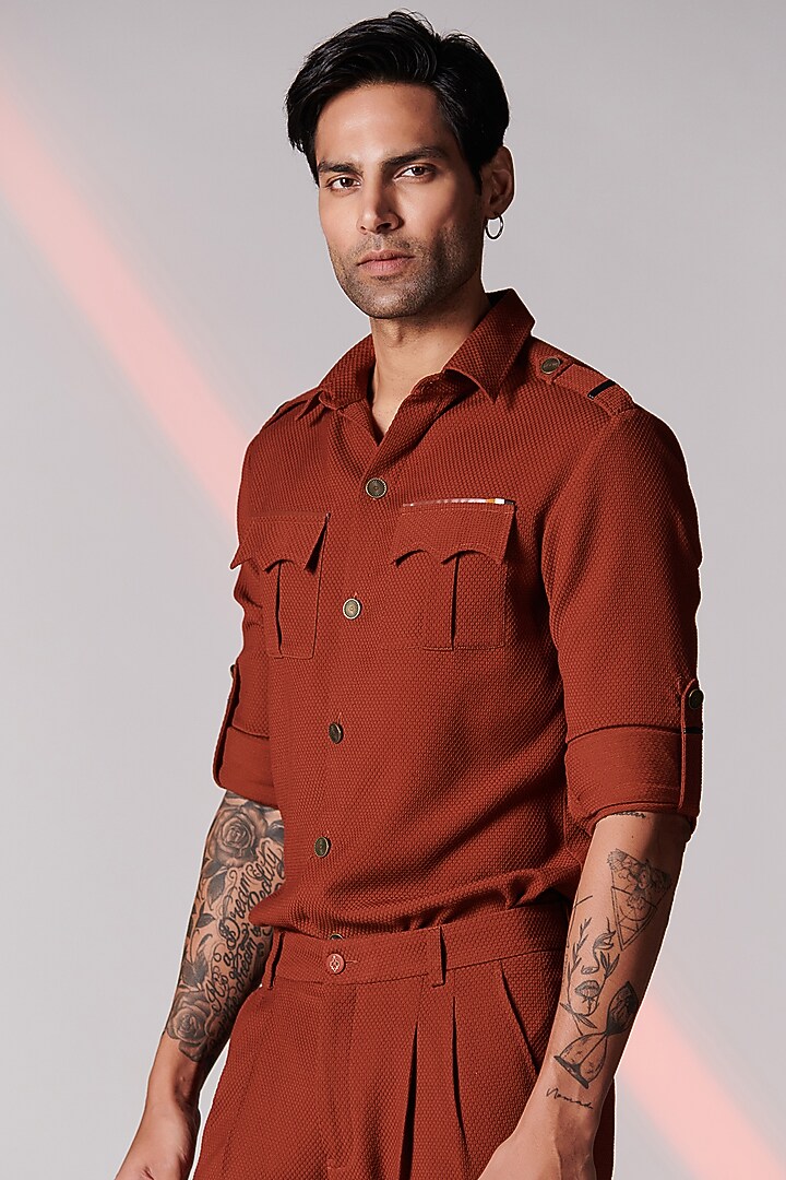 Rust Terylene Cargo Party Wear Shirt by S&N by Shantnu Nikhil Men at Pernia's Pop Up Shop