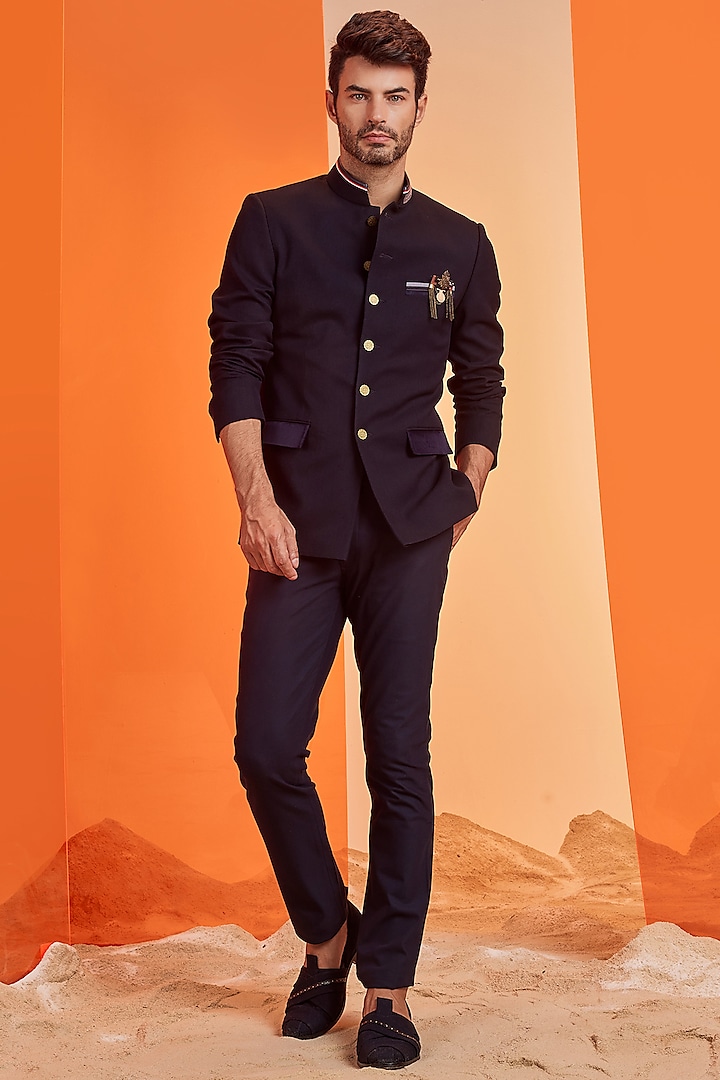 Navy Blue Embroidered Wedding Bandhgala Jacket by S&N by Shantnu Nikhil Men at Pernia's Pop Up Shop