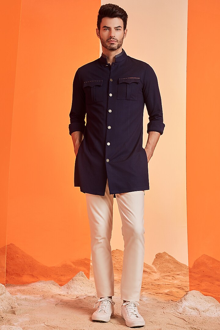 Navy Blue Poly Blend Kurta by S&N by Shantnu Nikhil Men at Pernia's Pop Up Shop