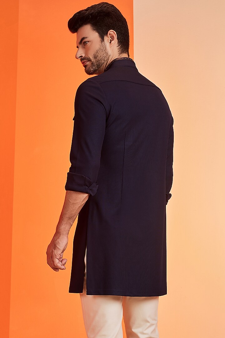 Navy Blue Poly Blend Kurta by S&N by Shantnu Nikhil Men at Pernia's Pop Up Shop