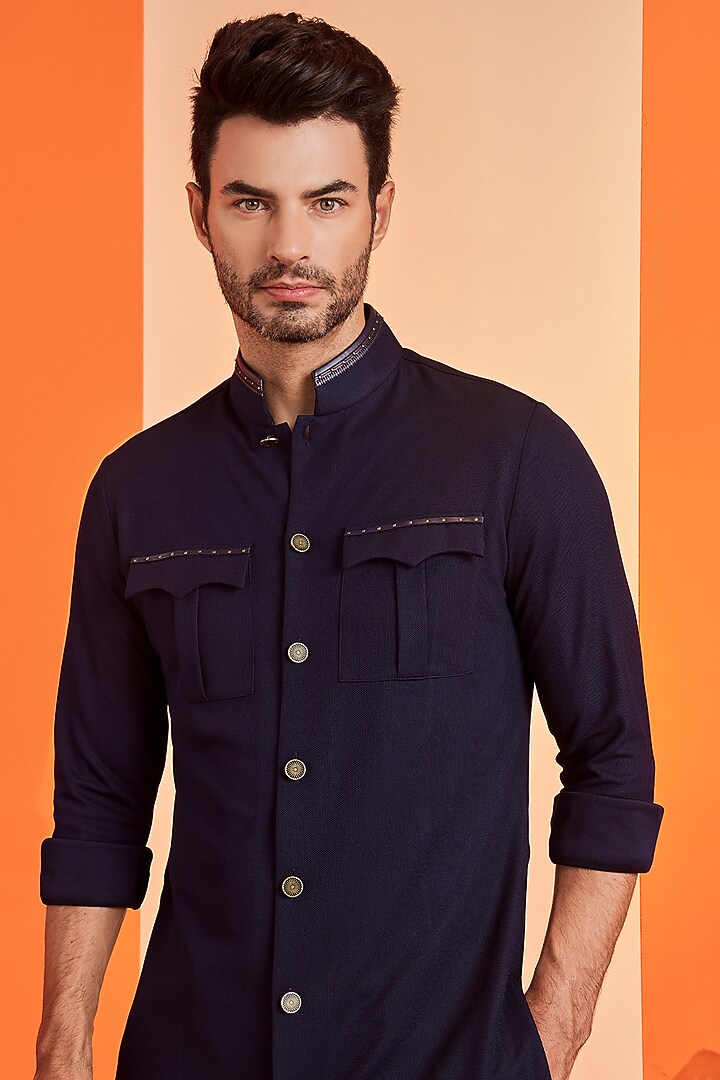 Navy Blue Poly Blend Kurta by S&N by Shantnu Nikhil Men at Pernia's Pop Up Shop