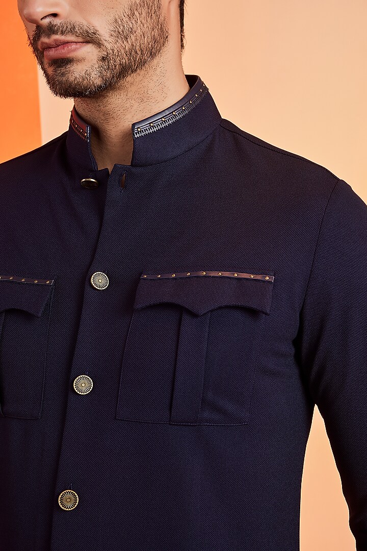 Navy Blue Poly Blend Kurta by S&N by Shantnu Nikhil Men at Pernia's Pop Up Shop