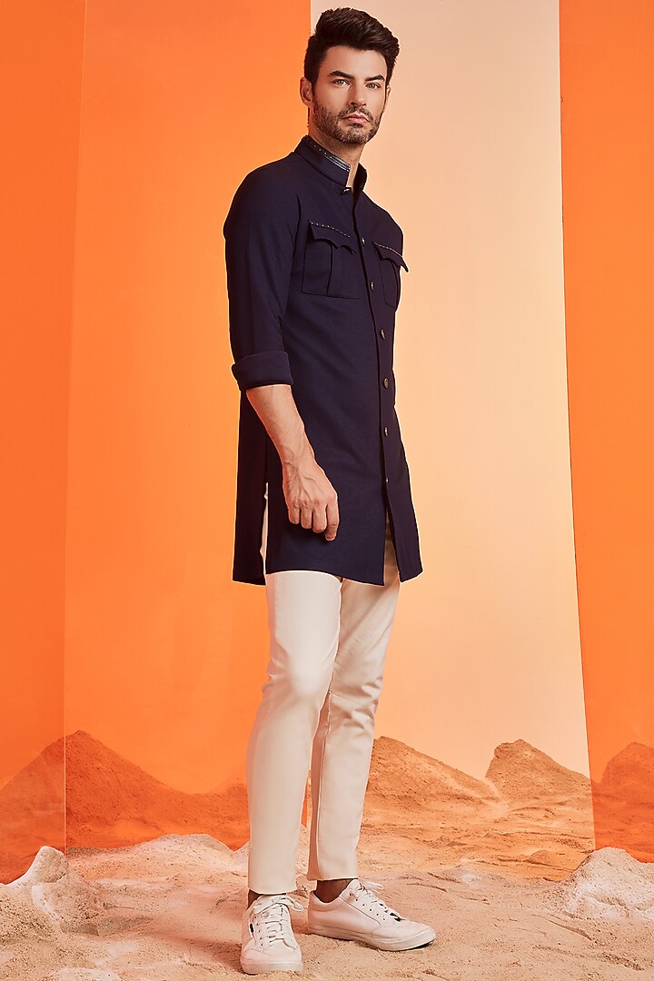 Navy Blue Poly Blend Kurta by S&N by Shantnu Nikhil Men at Pernia's Pop Up Shop