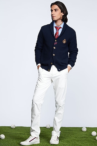 Navy Merino Wool Cardigan by S&N by Shantnu Nikhil Men