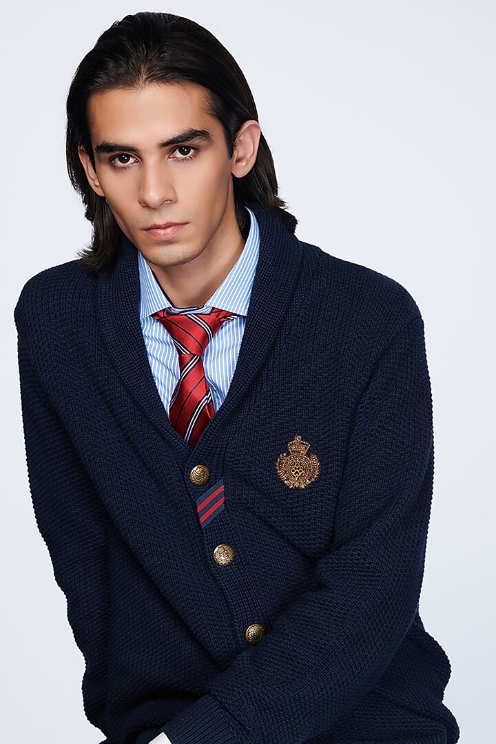 Navy Merino Wool Cardigan by S&N by Shantnu Nikhil Men at Pernia's Pop Up Shop
