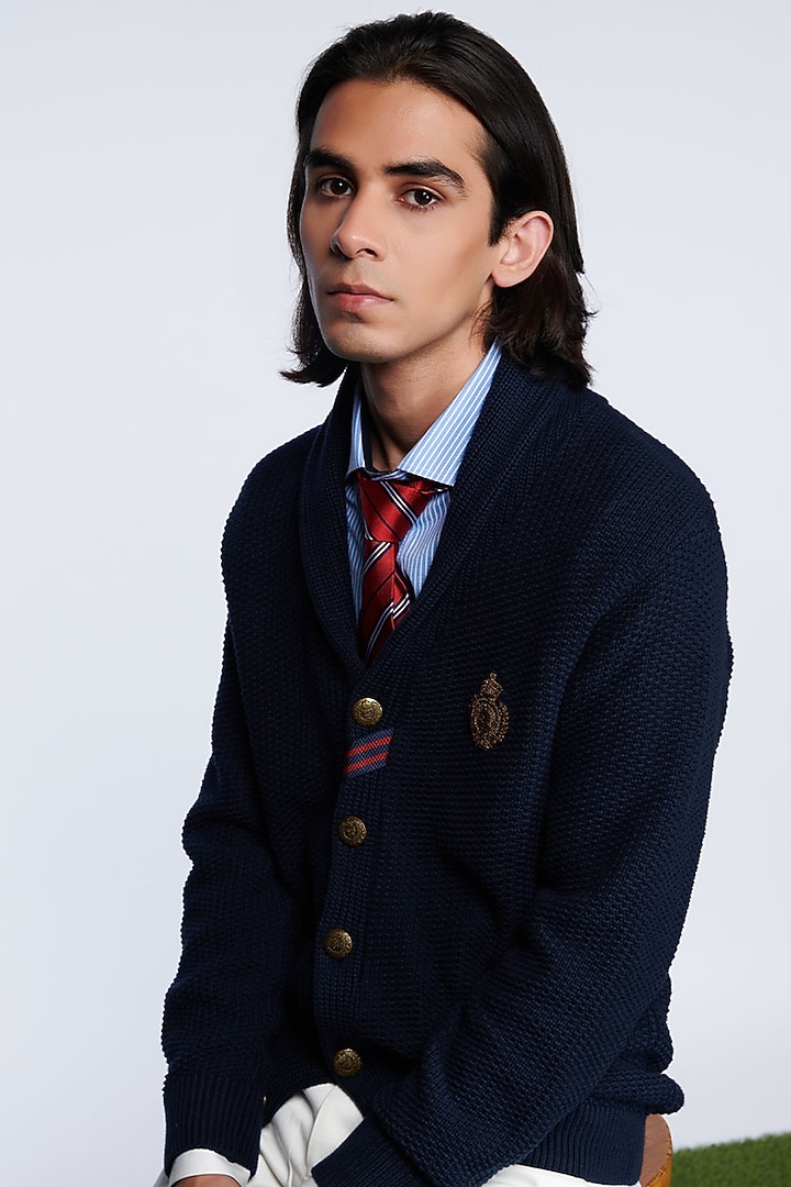 Navy Merino Wool Cardigan by S&N by Shantnu Nikhil Men at Pernia's Pop Up Shop