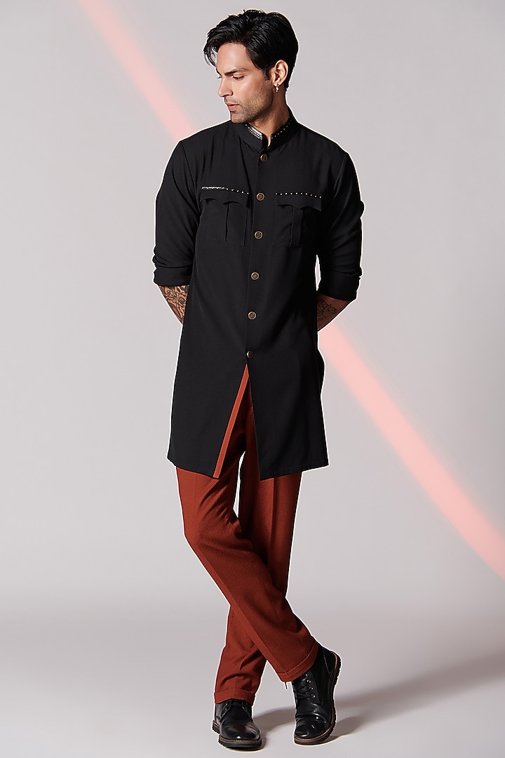 Black Embroidered Wedding Shirt Kurta by S&N by Shantnu Nikhil Men at Pernia's Pop Up Shop