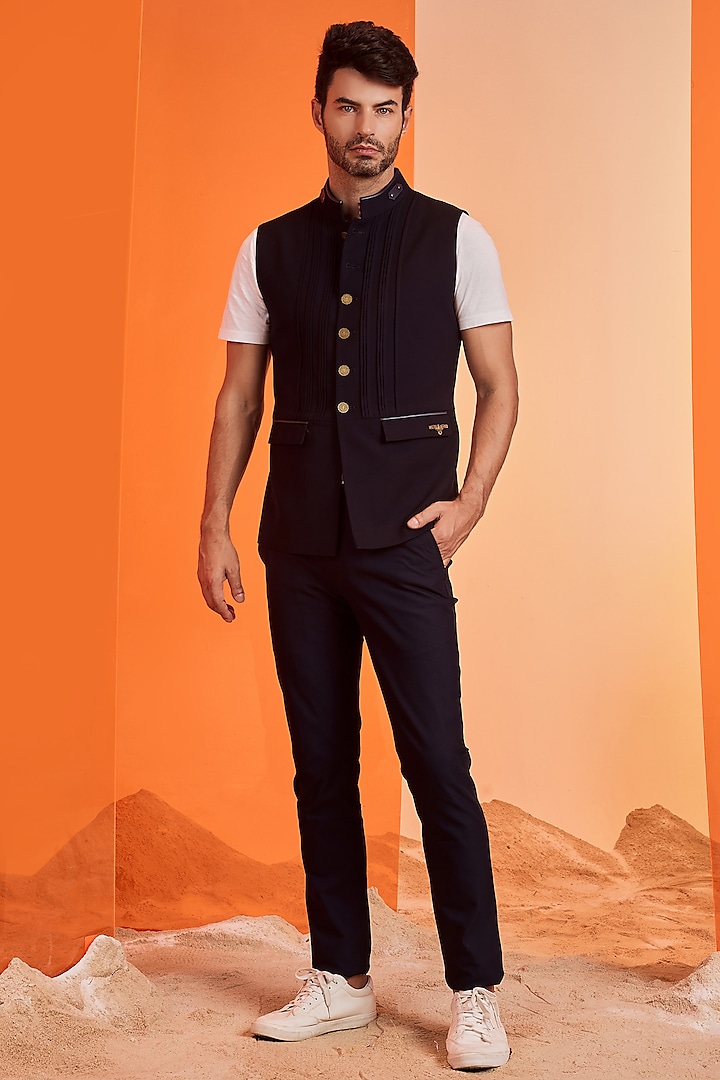 Navy Embroidered Waistcoat by S&N by Shantnu Nikhil Men